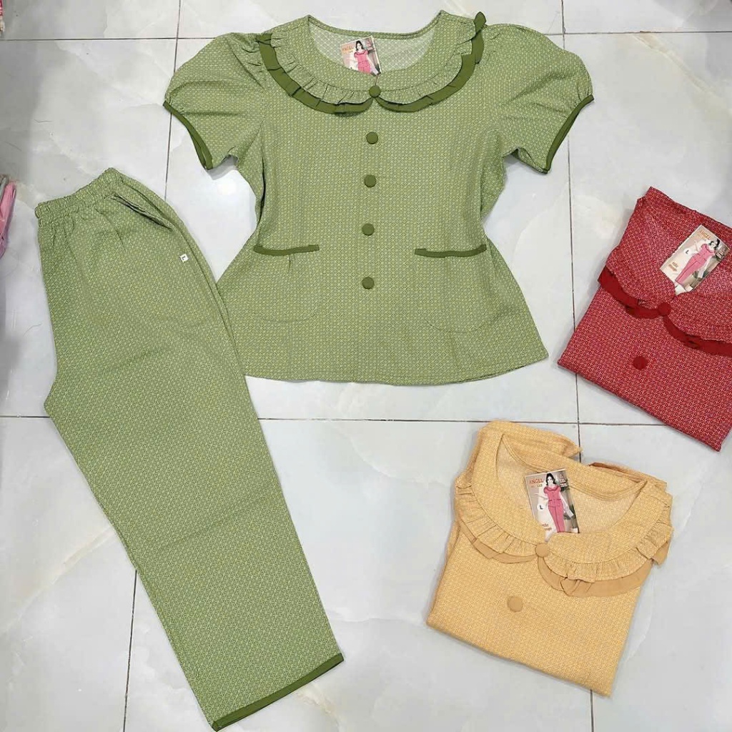 Đồ bộ nữ,đồ ngủ mặc nhà lửng 9 tấc vải lụa mango tay phồng cổ sen hoạ tiết caro dễ thương size 45-62kg.