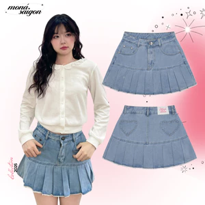 Chân váy jean nữ xếp li phối ren MONÁ - ELLY