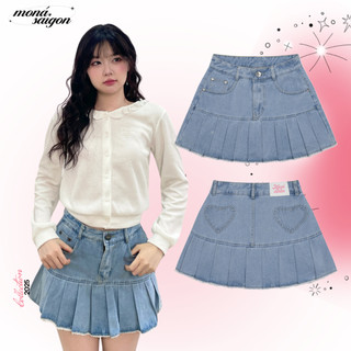 Chân váy jean nữ xếp li phối ren MONÁ - ELLY