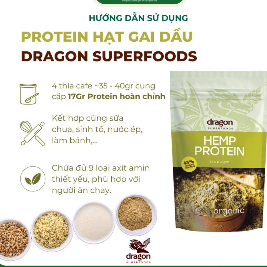 [6.2027] Protein hạt gai d a u hữu cơ Dragon Superfoods/ Diet-food H e m p Protein 200g