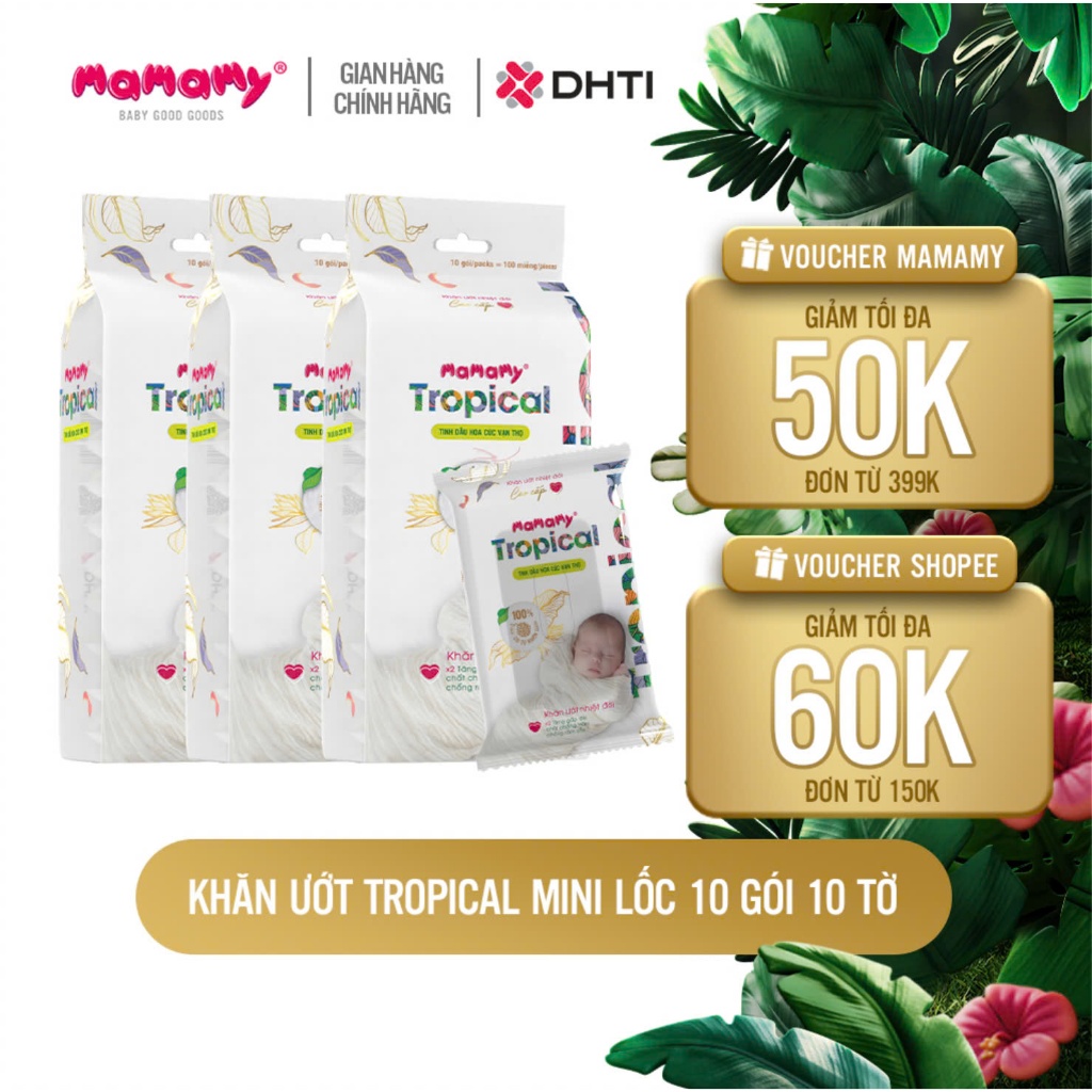 Ảnh Khăn ướt cao cấp cho bé Mamamy Tropical lốc 10 gói mini 10 tờ 100% sợi tự nhiên và rayon ngừa hăm, mềm dai sạch cực 1