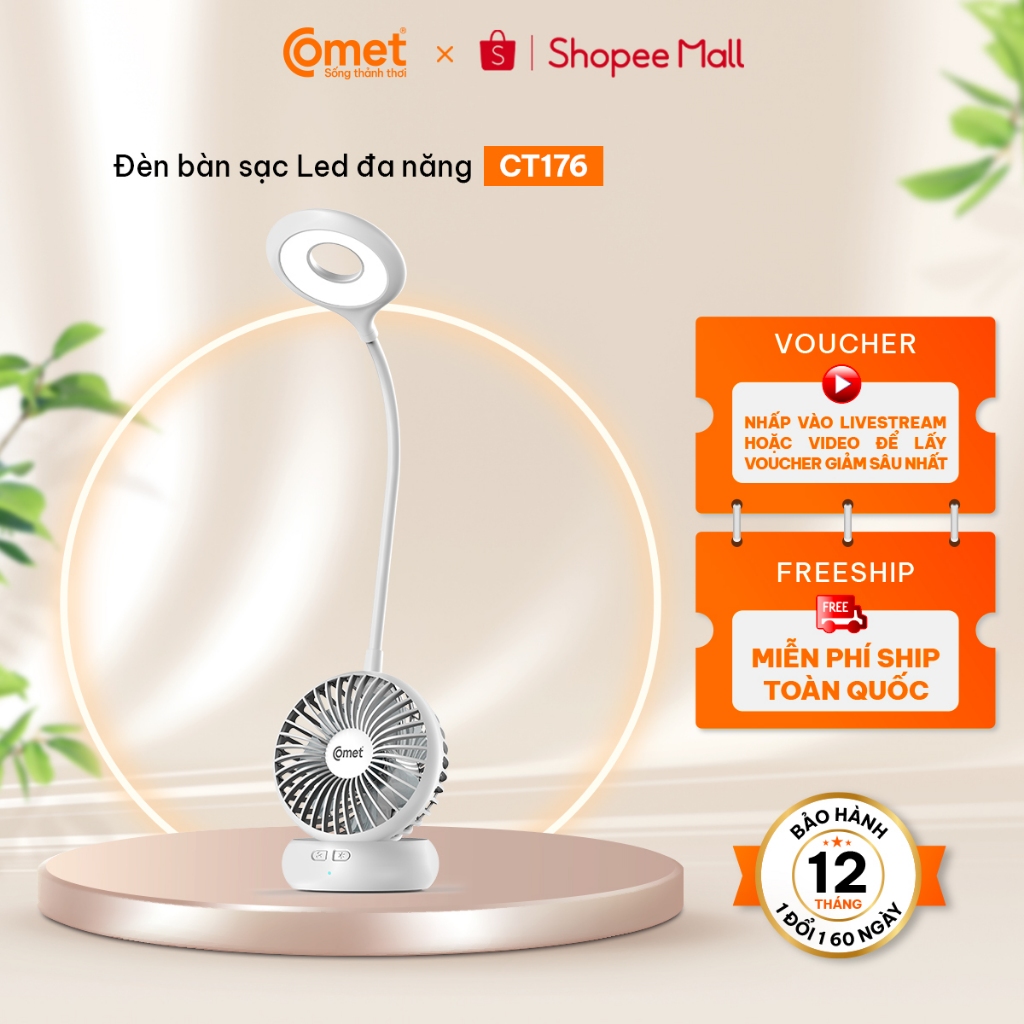 Ảnh Đèn bàn sạc led COMET CT176 4W kiêm Quạt sạc 4W, tổng công suất 8W 1