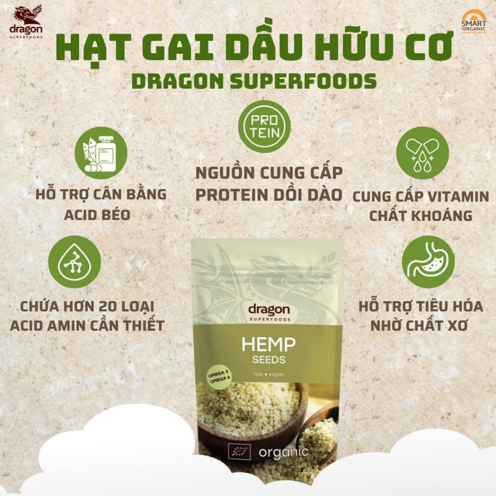 Hạt gai d a u hữu cơ organic h e m p_seeds Dragon Superfoods/ Sottolestelle