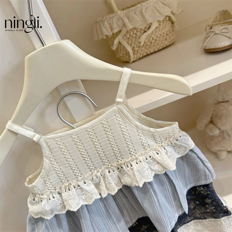 (Order) Váy 2 dây 2 tầng ren thoáng lỗ phần ngực, xếp ly hoa nhí phong cách Hàn Quốc dành cho bé gái
