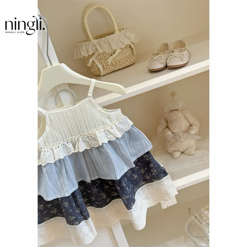 (Order) Váy 2 dây 2 tầng ren thoáng lỗ phần ngực, xếp ly hoa nhí phong cách Hàn Quốc dành cho bé gái