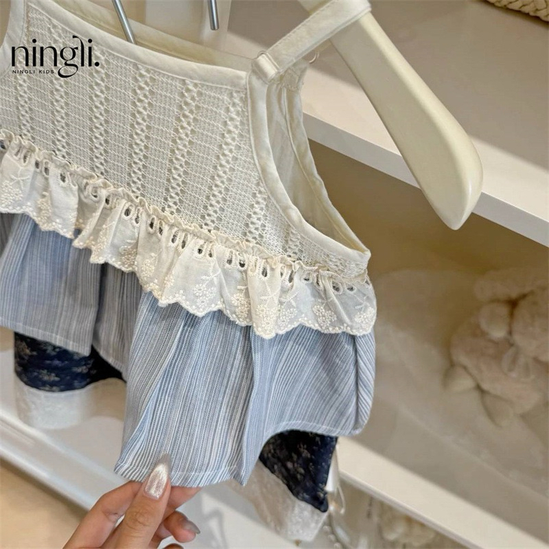 (Order) Váy 2 dây 2 tầng ren thoáng lỗ phần ngực, xếp ly hoa nhí phong cách Hàn Quốc dành cho bé gái