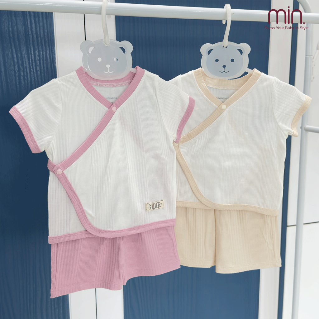 Bộ Sơ Sinh Cộc Tay Anminaza Cài Chéo Vạt Cong Mềm Mại Thoáng Mát Cho Bé - Hàng Chính Hãng AMI0363