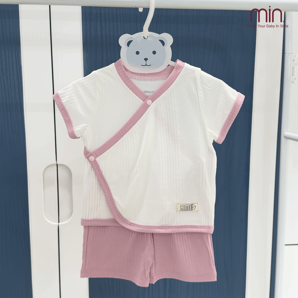 Bộ Sơ Sinh Cộc Tay Anminaza Cài Chéo Vạt Cong Mềm Mại Thoáng Mát Cho Bé - Hàng Chính Hãng AMI0363