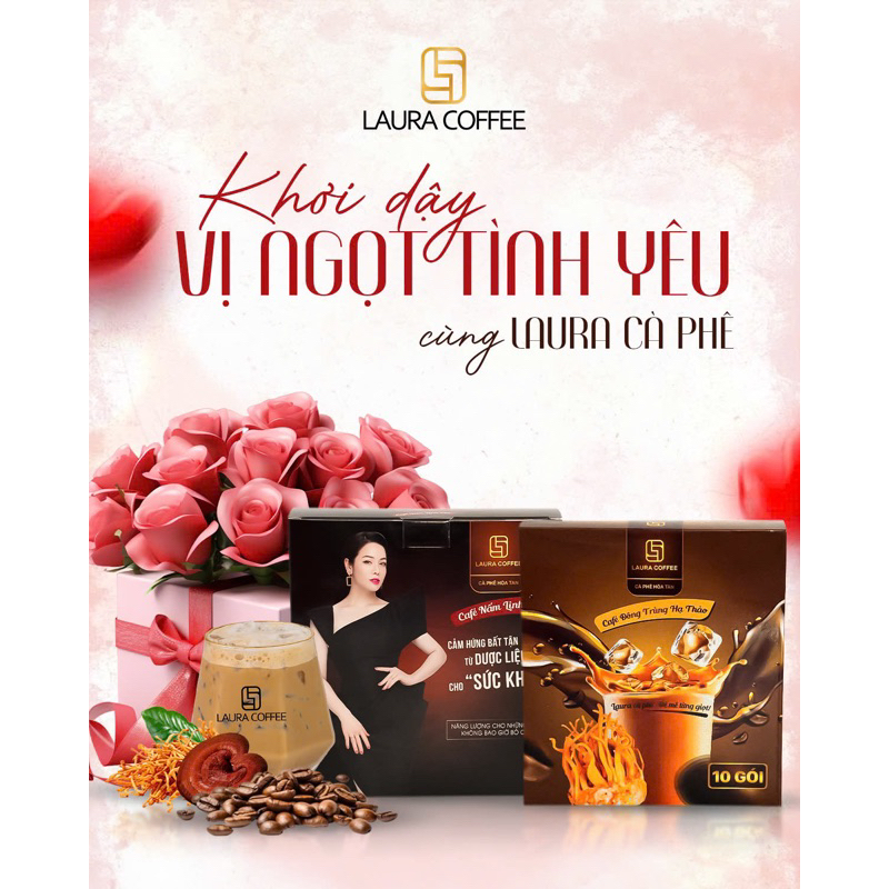 Laura Coffee Nhật Kim Anh 2 Vị Nấm Linh Chi và Đông Trùng Hạ Thảo Hộp 10 gói 18gr