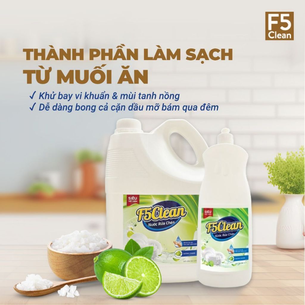 Ảnh Nước rửa chén bát F5 Clean 3,8kg hương chanh, mềm mại với da tay, gốc thực vật, thiên nhiên 2