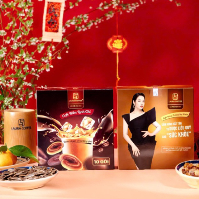 Laura Coffee Nhật Kim Anh 2 Vị Nấm Linh Chi và Đông Trùng Hạ Thảo Hộp 10 gói 18gr
