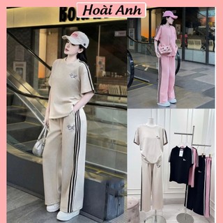 Set Bộ Đồ Mì Hàn Thom Thêu Cún Áo Phong Ngắn Tay Sọc Vai Mix Quần Suông Dài Ống Rộng