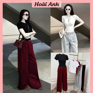 Set Bộ Đồ Nữ Áo Thun Zip Trơn VIỀN Ngắn Tay Mix Quần Thể Thao Suong Dài Ống Rộng Dây Rút Gấu Freesize