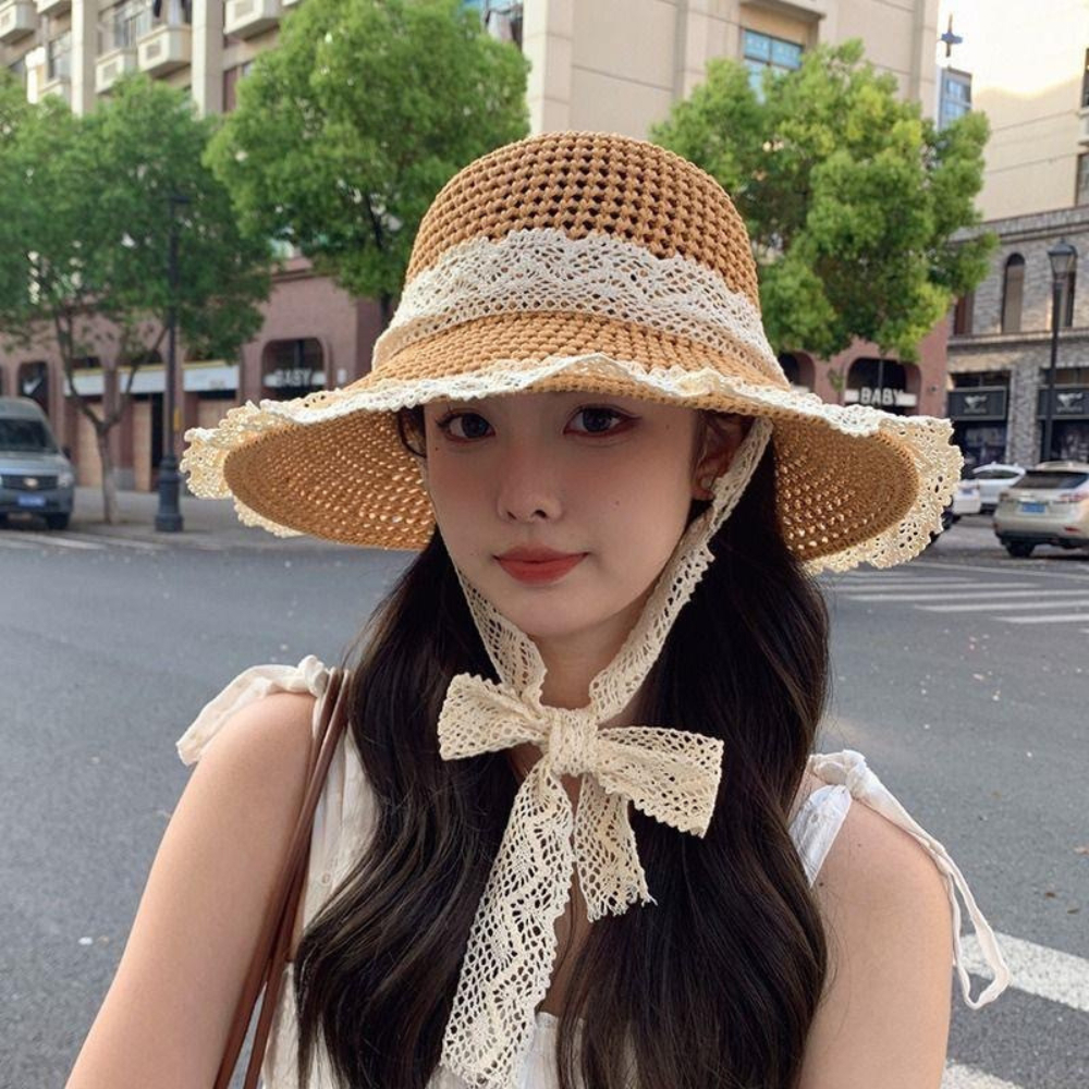 【Hot】Mũ Cói Đi Biển Rộng Vành Phối Ren Xinh Xắn Cho Nữ Gấp Gọn Tiện Lợi Không Bị Mất Form