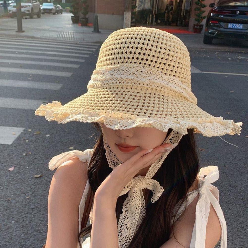 【Hot】Mũ Cói Đi Biển Rộng Vành Phối Ren Xinh Xắn Cho Nữ Gấp Gọn Tiện Lợi Không Bị Mất Form