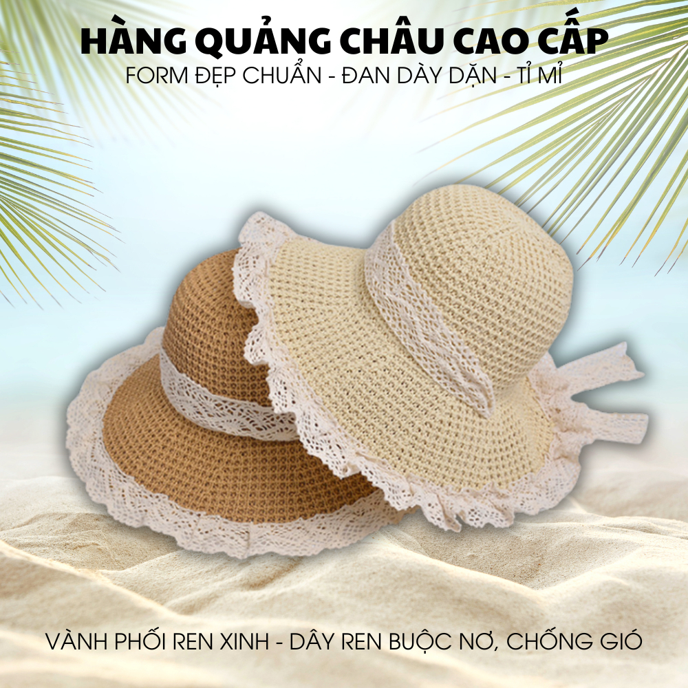 【Hot】Mũ Cói Đi Biển Rộng Vành Phối Ren Xinh Xắn Cho Nữ Gấp Gọn Tiện Lợi Không Bị Mất Form