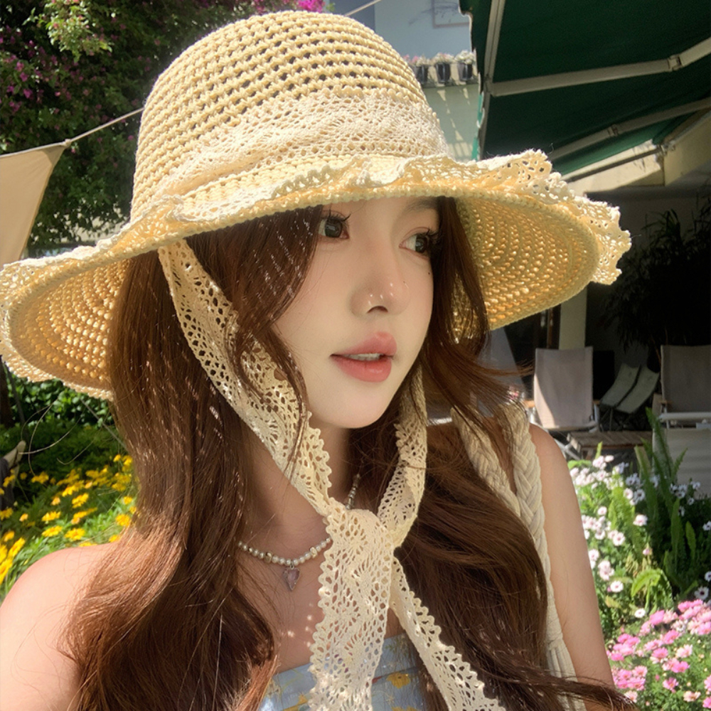 【Hot】Mũ Cói Đi Biển Rộng Vành Phối Ren Xinh Xắn Cho Nữ Gấp Gọn Tiện Lợi Không Bị Mất Form
