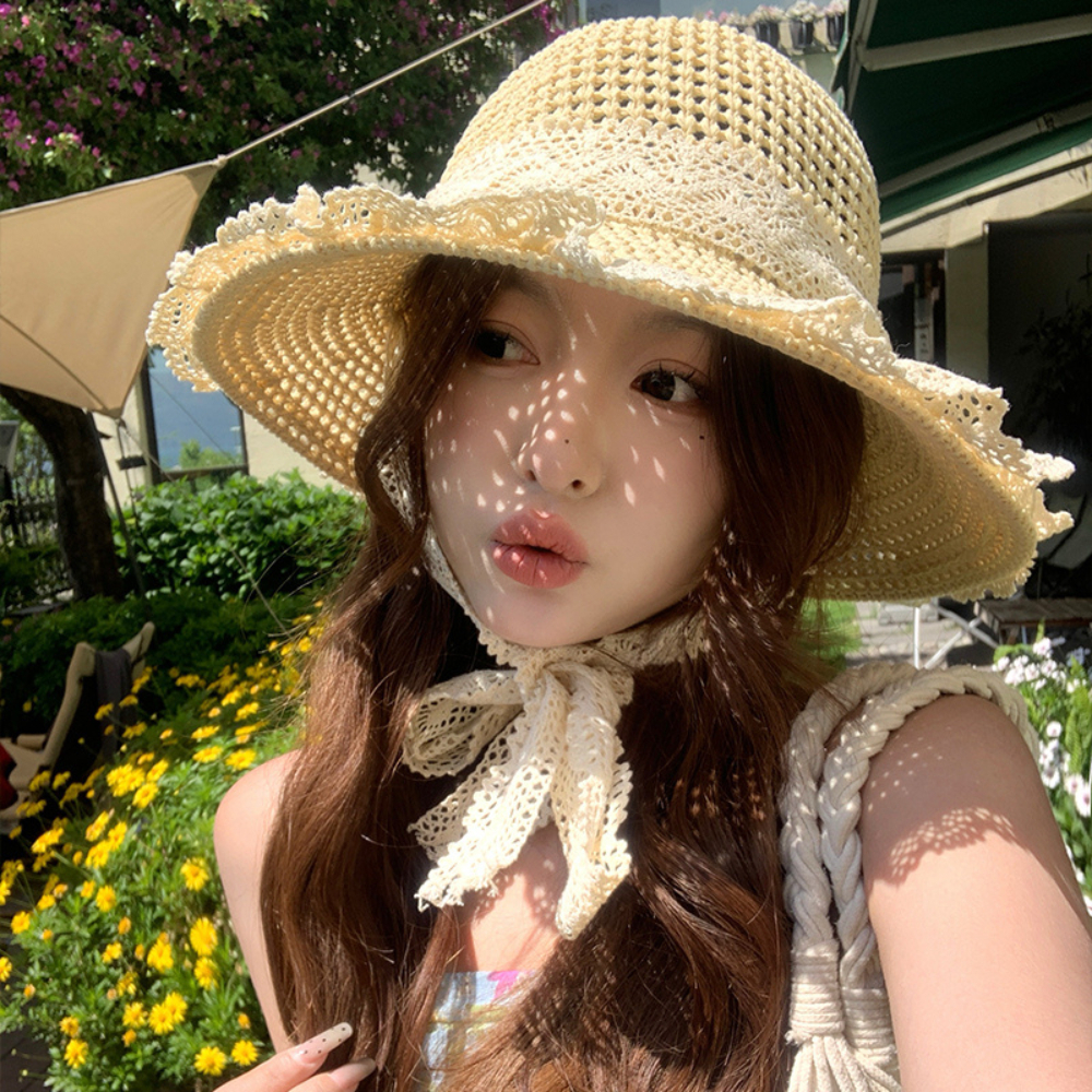 【Hot】Mũ Cói Đi Biển Rộng Vành Phối Ren Xinh Xắn Cho Nữ Gấp Gọn Tiện Lợi Không Bị Mất Form