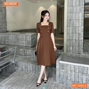 Đầm thiết kế BEMINE cổ vuông đính cúc dáng chữ A phù hợp đi làm, đi chơi-MT10055
