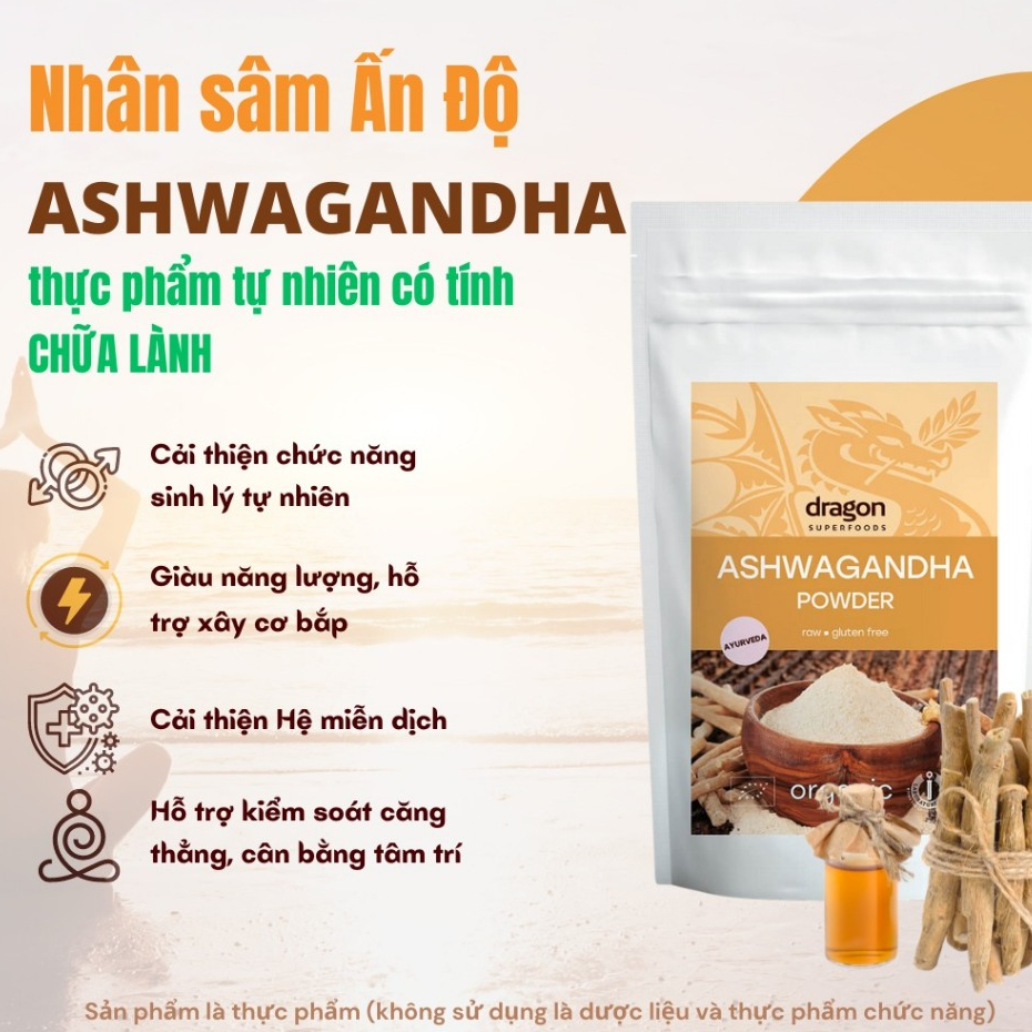 Bột nhân sâm Ấn Độ Ashwagandha hữu cơ Dragon superfoods 200g