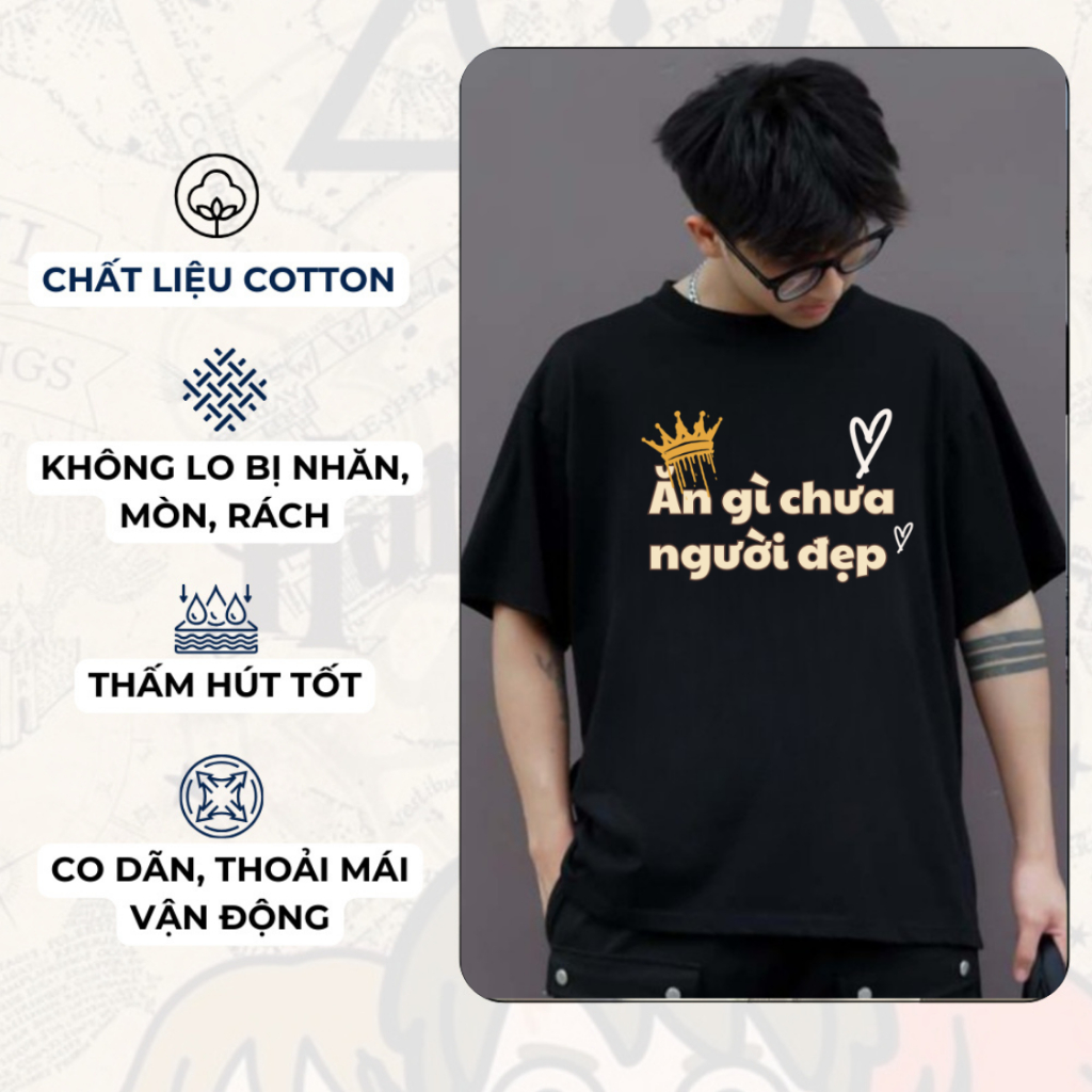 Áo thun unisex nam nữ Thiết Kế" ĂN GÌ CHƯA" form rộng 100% cotton 250gsm, thoáng mát thấm hút mồ hôi HAMEN
