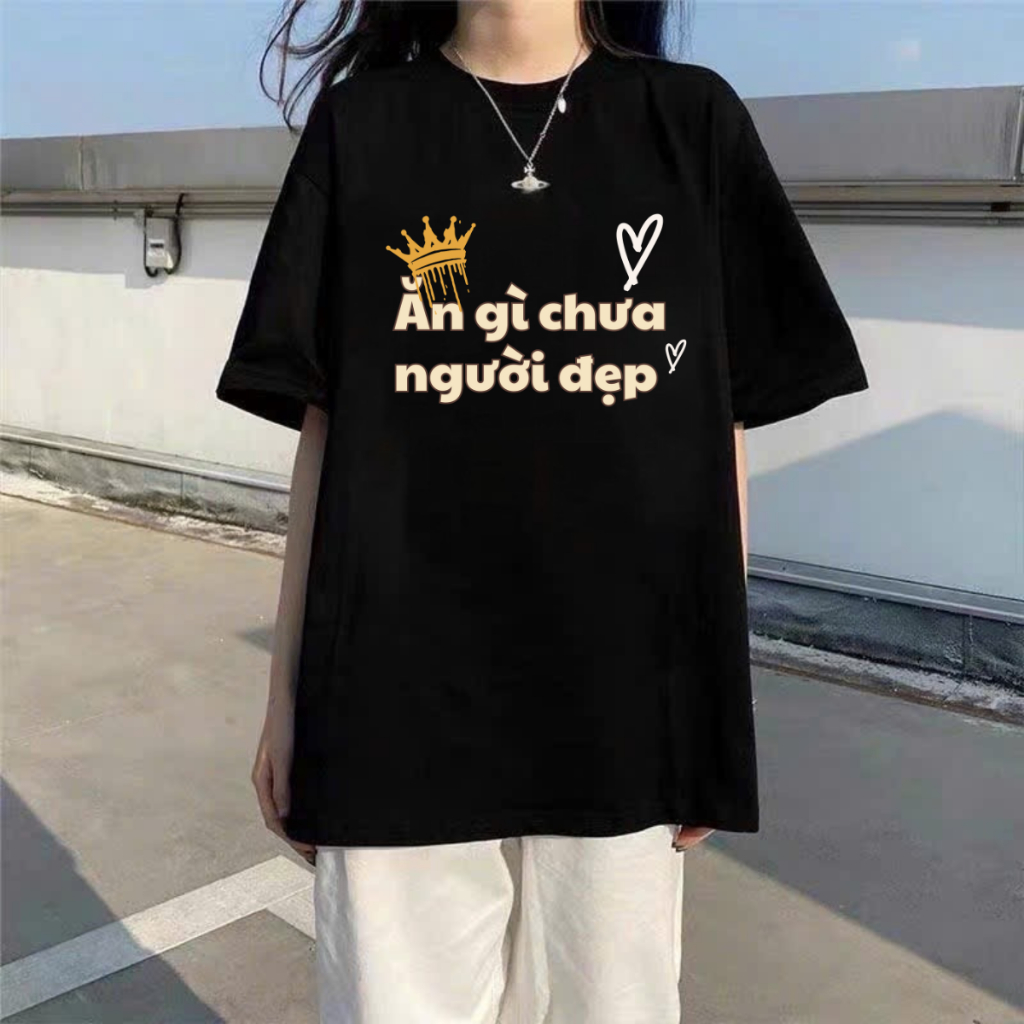 Áo thun unisex nam nữ Thiết Kế" ĂN GÌ CHƯA" form rộng 100% cotton 250gsm, thoáng mát thấm hút mồ hôi HAMEN