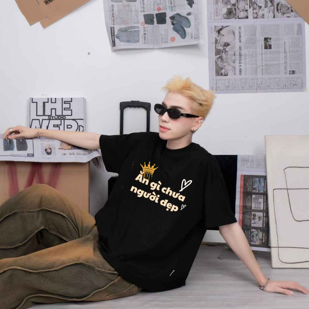 Áo thun unisex nam nữ Thiết Kế" ĂN GÌ CHƯA" form rộng 100% cotton 250gsm, thoáng mát thấm hút mồ hôi HAMEN