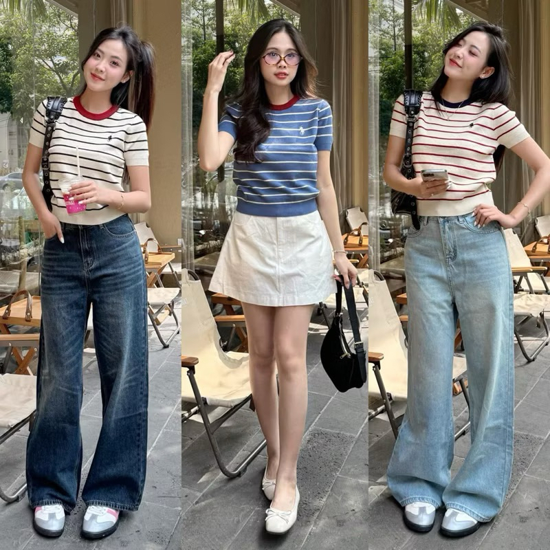 (Phuonganh18) Áo len sọc bo viền cổ thêu logo ngựa hàng QC 021282