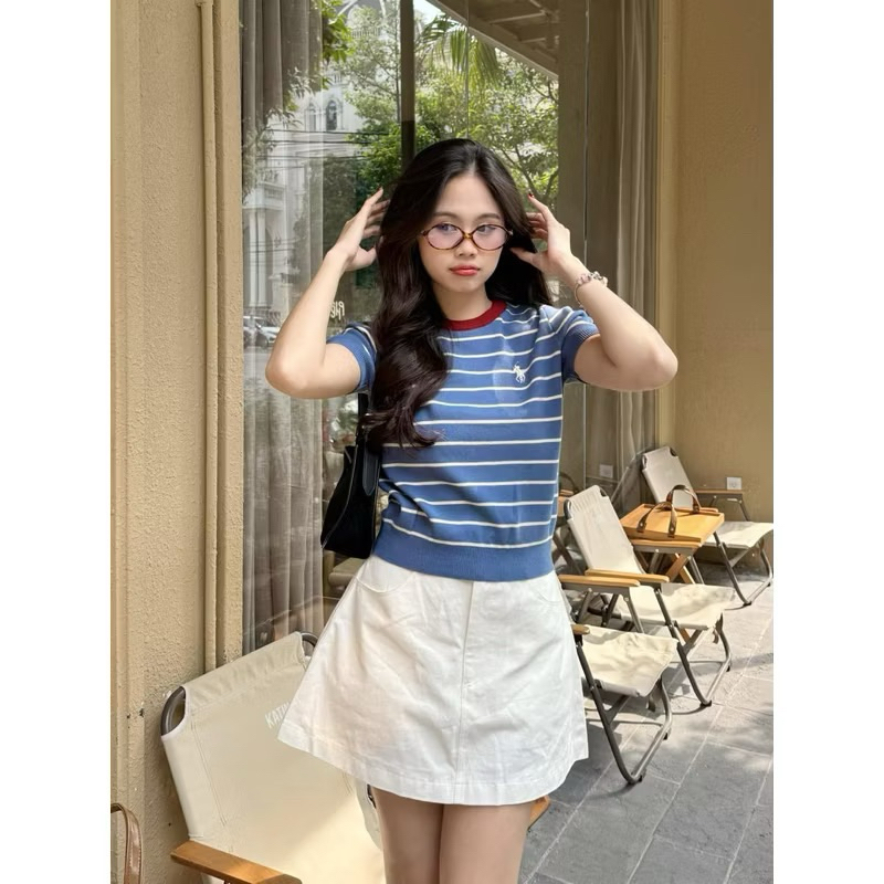 (Phuonganh18) Áo len sọc bo viền cổ thêu logo ngựa hàng QC 021282