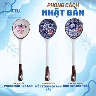 Bộ thìa muỗng gốm sứ vẽ tay phong cách Nhật Bản, thìa to cán dài sang trọng quý phái có hộp