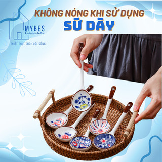 Bộ thìa muỗng gốm sứ vẽ tay phong cách Nhật Bản, thìa to cán dài sang trọng quý phái có hộp