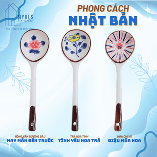Bộ thìa muỗng gốm sứ vẽ tay phong cách Nhật Bản, thìa to cán dài sang trọng quý phái có hộp