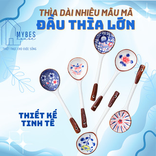 Bộ thìa muỗng gốm sứ vẽ tay phong cách Nhật Bản, thìa to cán dài sang trọng quý phái có hộp