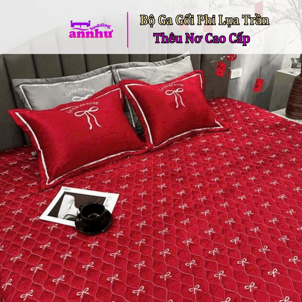 Bộ Ga Gối Phi Lụa Trần Thêu Nơ Cao Cấp Hot Trend Có Thể Giặt Máy Mẫu Mới 2025 An Như Bedding