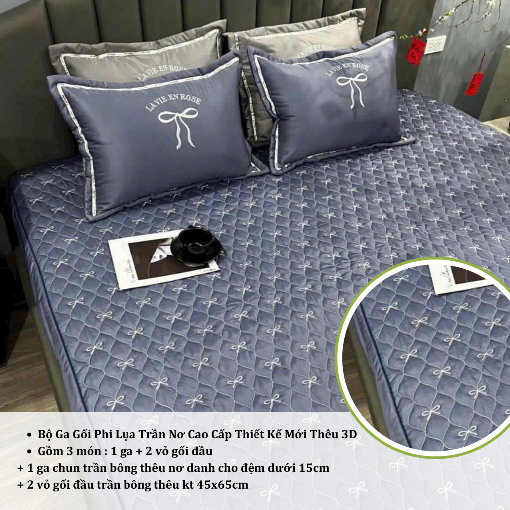 Bộ Ga Gối Phi Lụa Trần Thêu Nơ Cao Cấp Hot Trend Có Thể Giặt Máy Mẫu Mới 2025 An Như Bedding