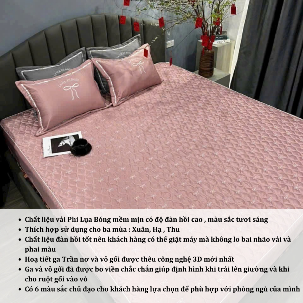 Bộ Ga Gối Phi Lụa Trần Thêu Nơ Cao Cấp Hot Trend Có Thể Giặt Máy Mẫu Mới 2025 An Như Bedding