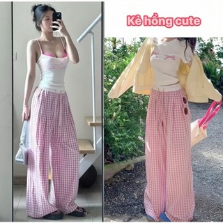 Quần ống rộng kẻ caro Yến Tee Shop phối cạp trắng hottrend , vải kẻ caro nhỏ gam màu dễ thương dành cho nữ