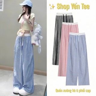 Quần ống rộng kẻ caro Yến Tee Shop phối cạp trắng hottrend , vải kẻ caro nhỏ gam màu dễ thương dành cho nữ