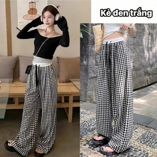 Quần ống rộng kẻ caro Yến Tee Shop phối cạp trắng hottrend , vải kẻ caro nhỏ gam màu dễ thương dành cho nữ