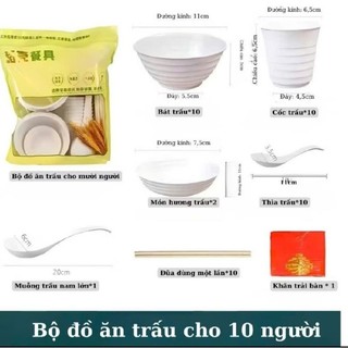 Bộ đồ ăn dùng 1 lần cho 10 người gồm 10 bát 10 đũa 10 cốc 10 thìa 10 đĩa 2 đĩa chấm khăn chải bàn