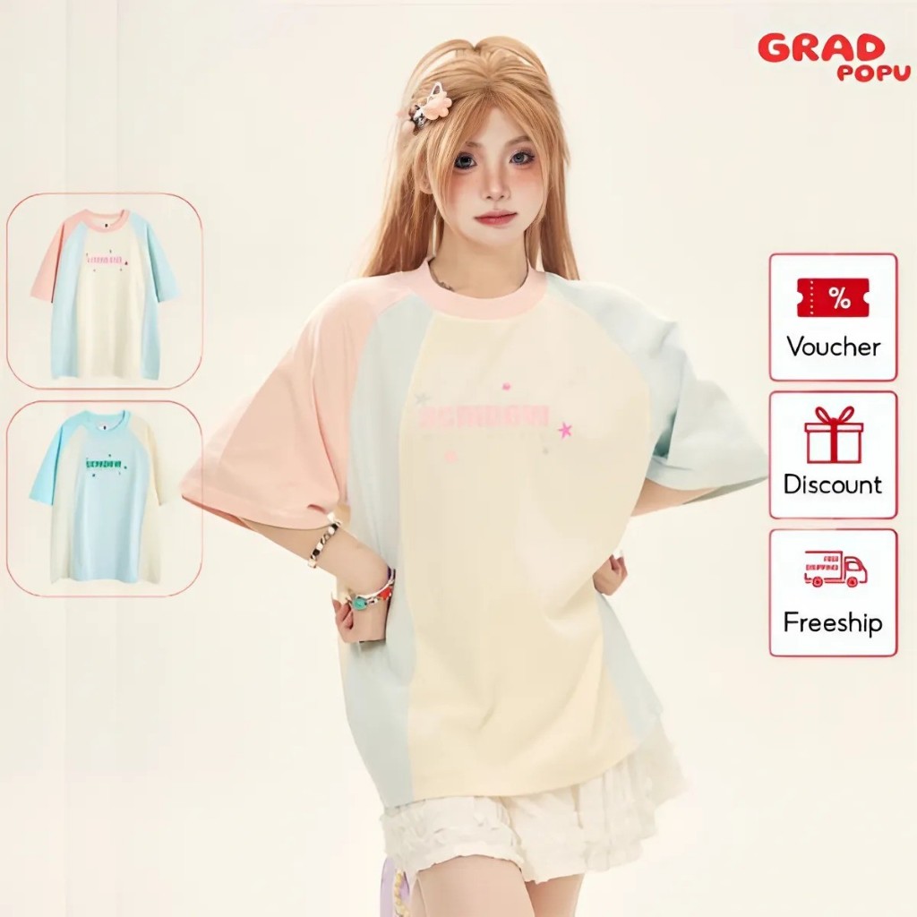 Áo thun nữ tay ngắn raglan GRADPOPU vải thun thoáng mát cổ tròn phối màu tương phản ôm vừa vặn PAT09