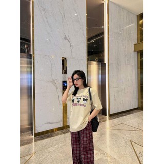Set Bộ Đồ Nữ Mickey Stays In Dismey Áo Phông Be Ngắn tay Mix Quần Suông Kẻ Caro Đỏ