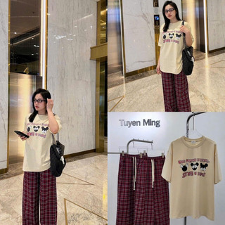 Set Bộ Đồ Nữ Mickey Stays In Dismey Áo Phông Be Ngắn tay Mix Quần Suông Kẻ Caro Đỏ