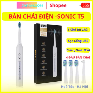 Bàn chải điện Sonic T5 , Bàn chải đánh rang điện 5 chế độ , Bàn chải tự động 4 đầu bàn chải lông mịn chống nước bh 1 năm