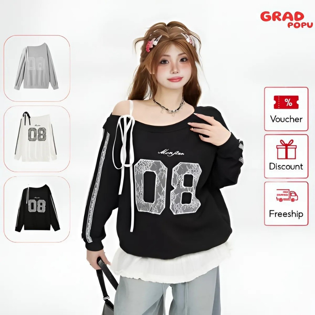 Áo sweater nữ trễ vai GRADPOPU PAN02 dài tay phối màu in chữ kẻ sọc đơn giản thiết kế dáng rộng chất nỉ dày dặn ấm áp
