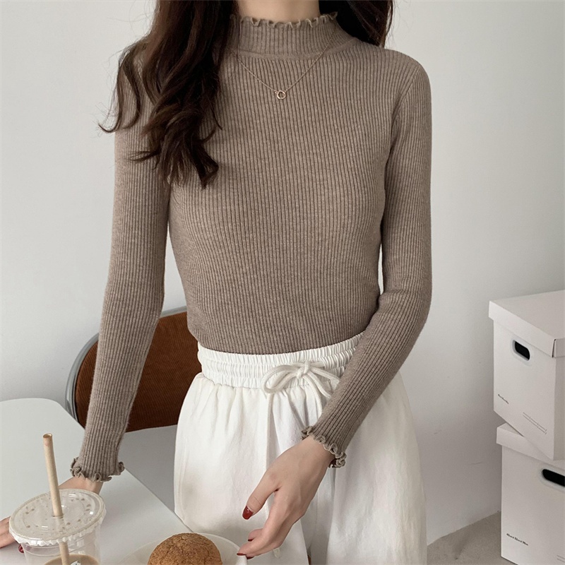 ( Quảng Châu ) Áo len cổ cao 3cm viền bèo dài tay ôm body nữ tính bánh bèo tiểu thư Áo giữ nhiệt mùa đông T830G