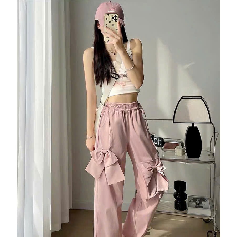 Quần ống rộng kaki gắn nơ to cạp chun dây rút đen hồng be dễ thương Quần dài ống suông bánh bèo nữ tính duyên dáng T584G