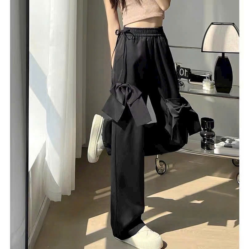 Quần ống rộng kaki gắn nơ to cạp chun dây rút đen hồng be dễ thương Quần dài ống suông bánh bèo nữ tính duyên dáng T584G