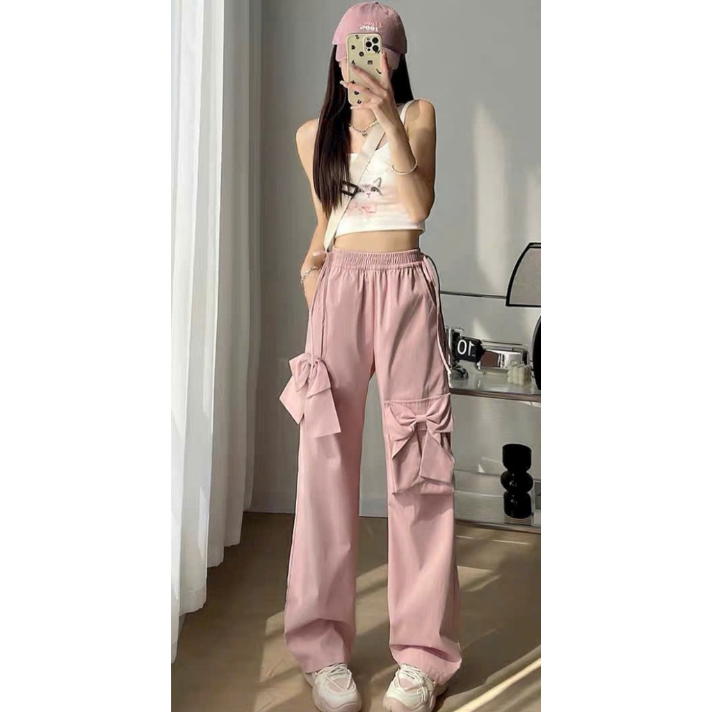 Quần ống rộng kaki gắn nơ to cạp chun dây rút đen hồng be dễ thương Quần dài ống suông bánh bèo nữ tính duyên dáng T584G