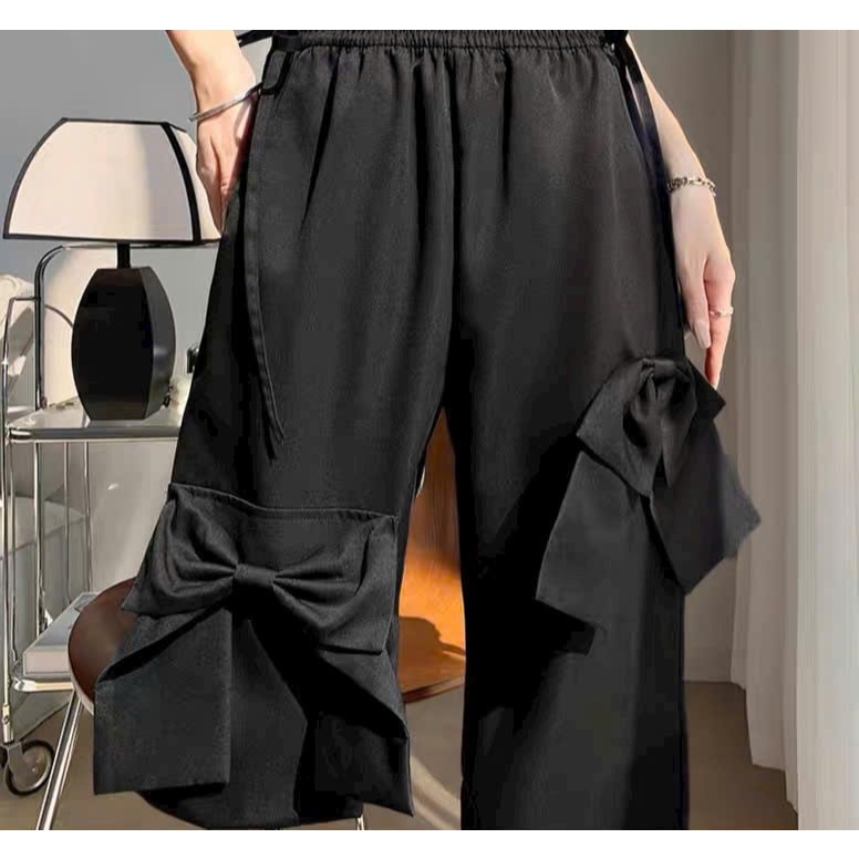 Quần ống rộng kaki gắn nơ to cạp chun dây rút đen hồng be dễ thương Quần dài ống suông bánh bèo nữ tính duyên dáng T584G